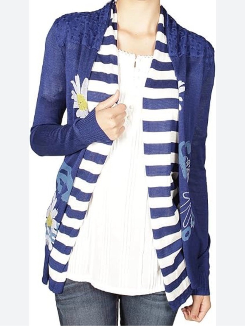 Desigual Navy Blue Floral Stripe Open Cardigan Sweater size small